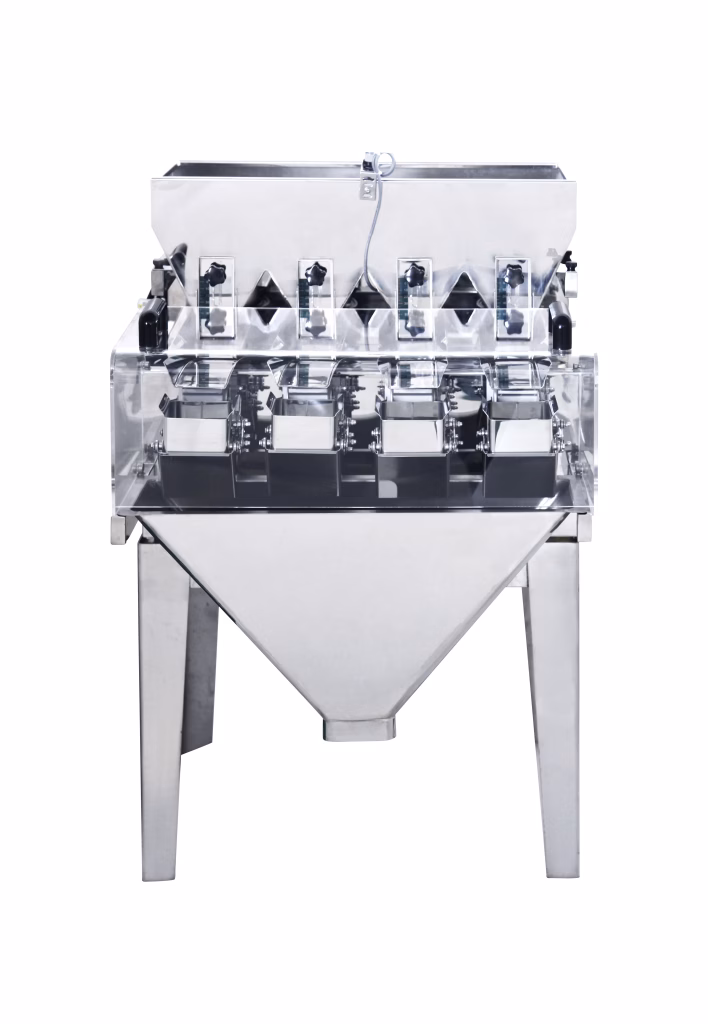 4 head linear weighing machine on white background front of machine