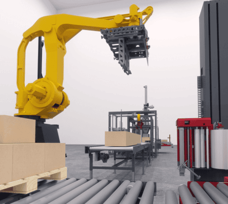 Large wraparound case packer being used in a factory
