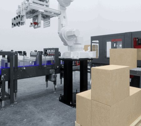 wraparound case packer in factory setting with boxes