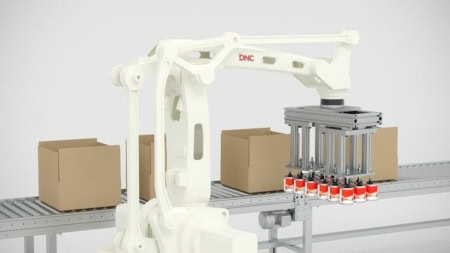 robotic case packer on a conveyer