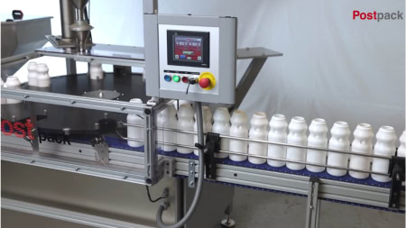 VSM2 Automatic Powder Filling Machine with close up image of bottles